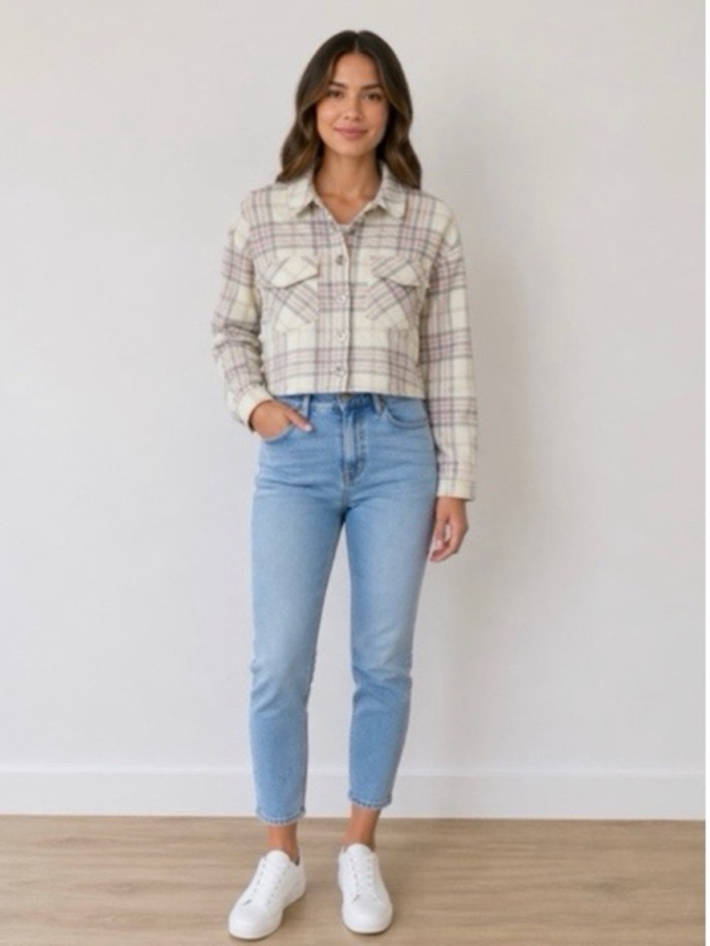 Vero Moda Shay Long Sleeve Cropped Plaid Shirt Jacket NWT